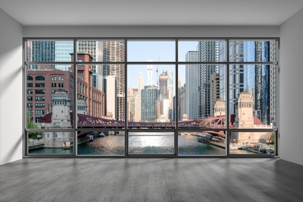 Downtown,Chicago,City,Skyline,Buildings,From,Window.,Beautiful,Expensive,Real